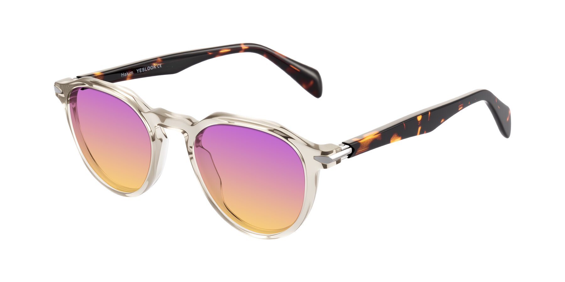 Angle of Hakim in Champagne/Tortoise with Purple / Yellow Gradient Lenses