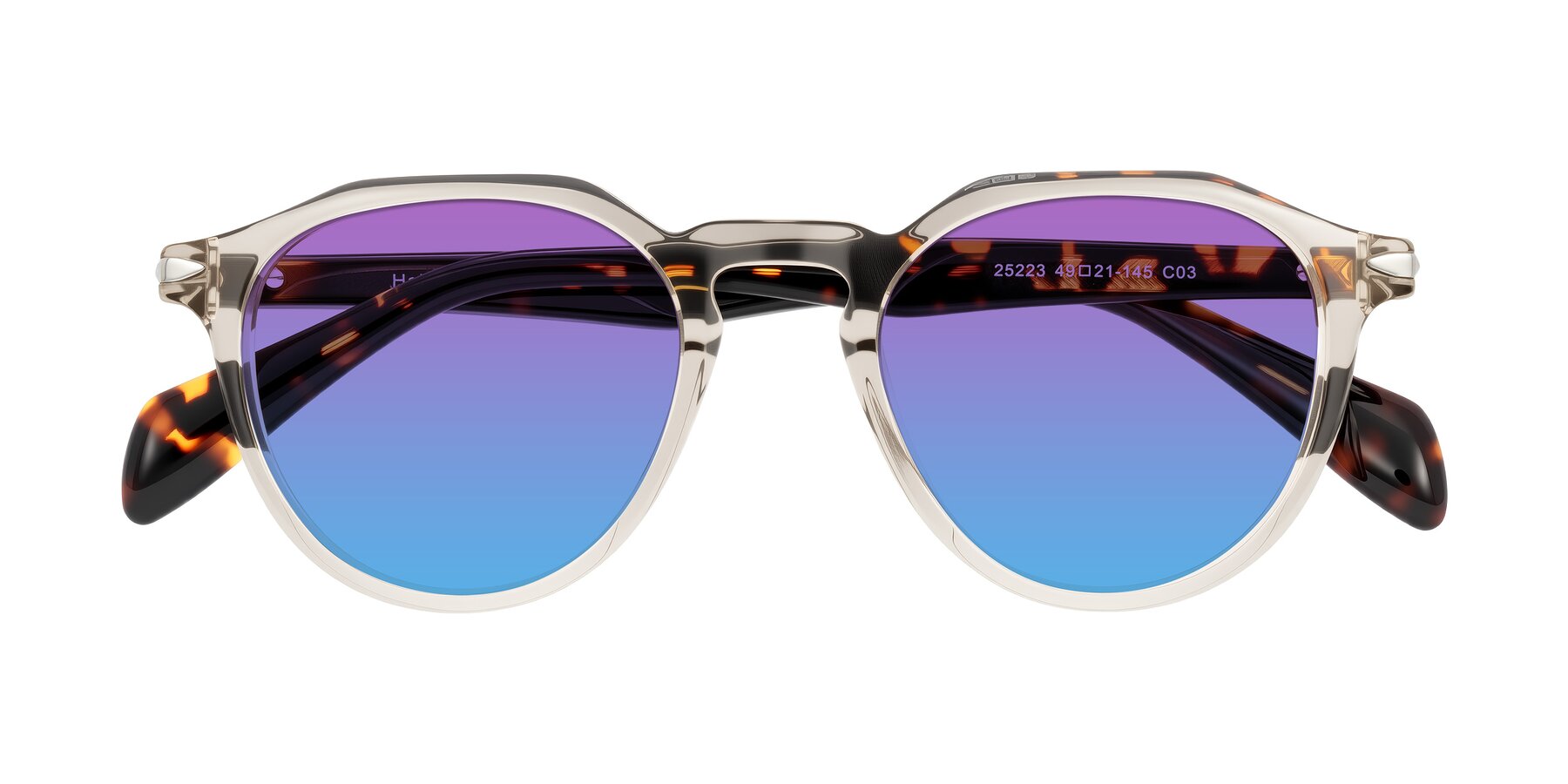 Folded Front of Hakim in Champagne/Tortoise with Purple / Blue Gradient Lenses