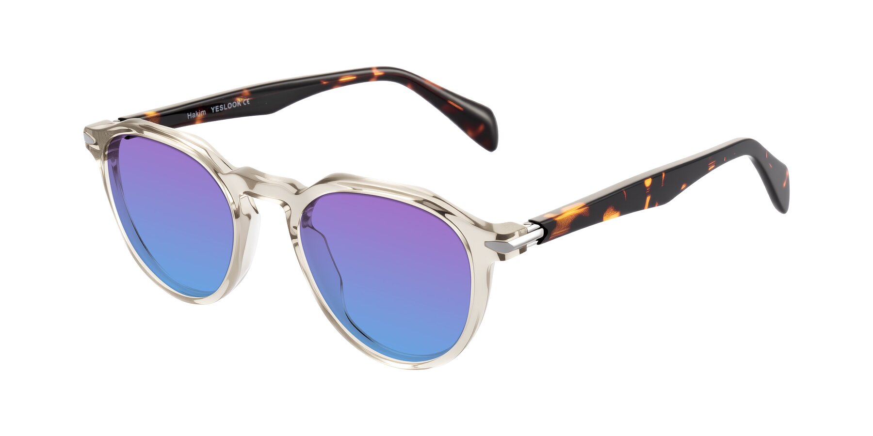 Angle of Hakim in Champagne/Tortoise with Purple / Blue Gradient Lenses