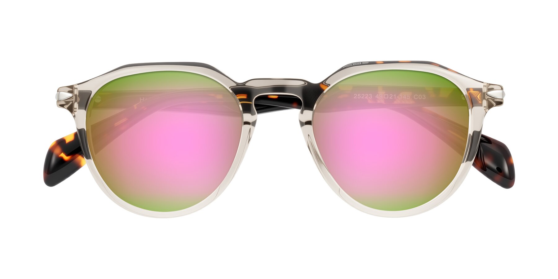 Folded Front of Hakim in Champagne/Tortoise with Pink Mirrored Lenses