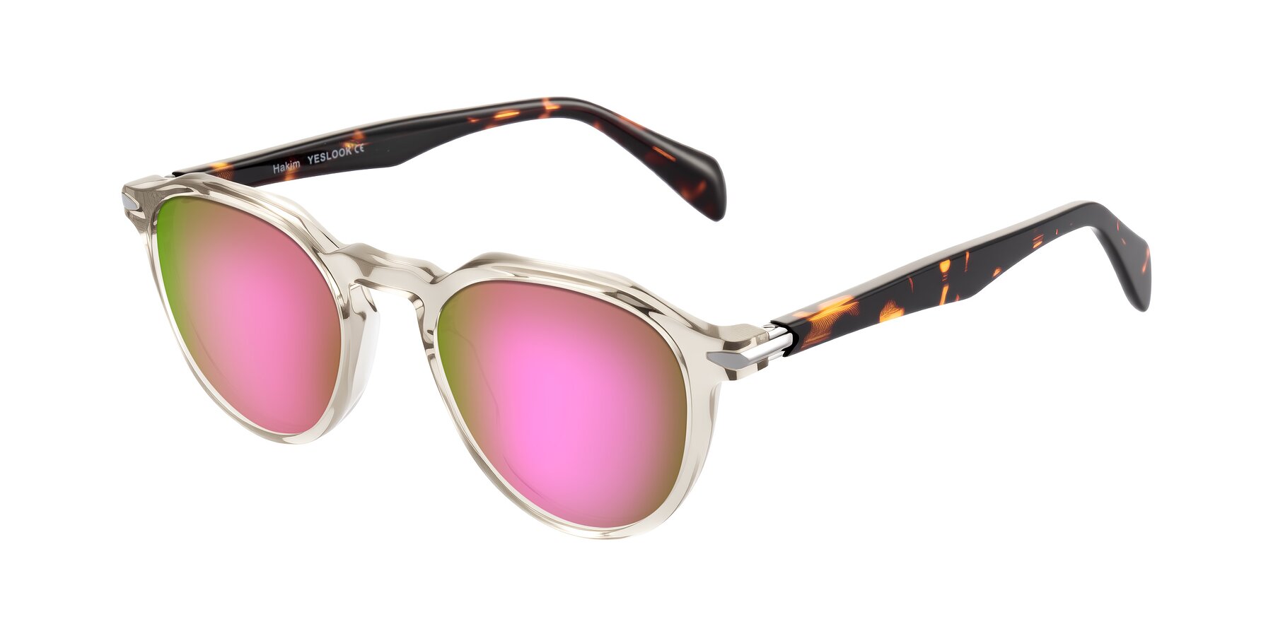 Angle of Hakim in Champagne/Tortoise with Pink Mirrored Lenses