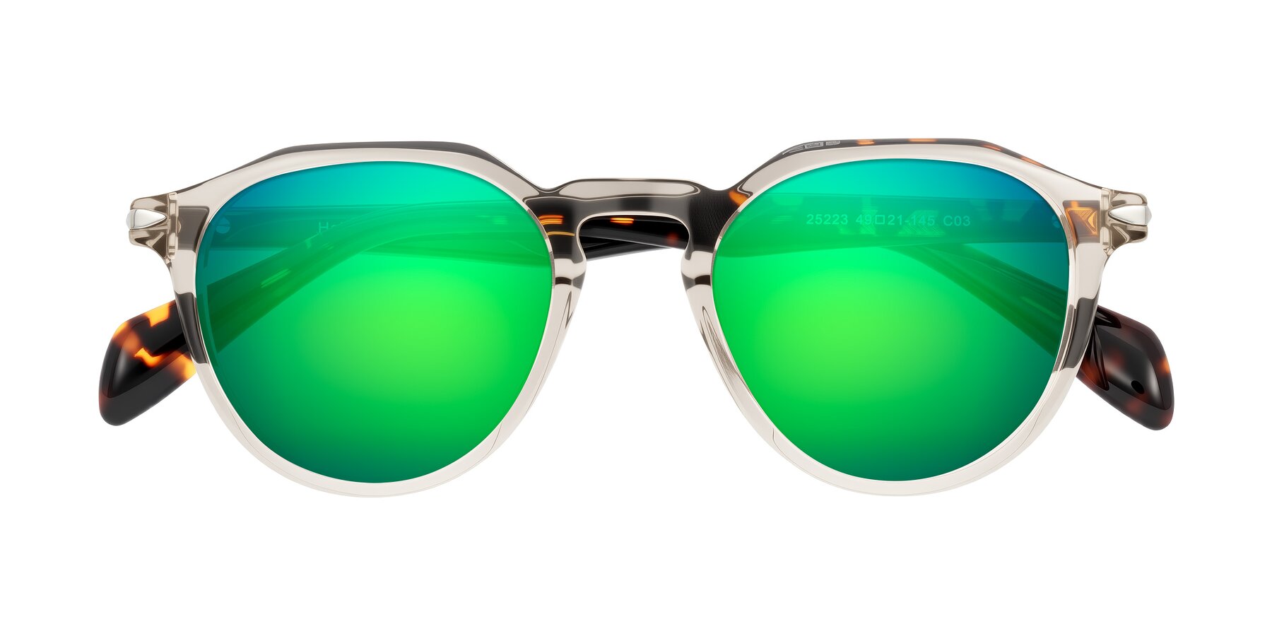 Folded Front of Hakim in Champagne/Tortoise with Green Mirrored Lenses