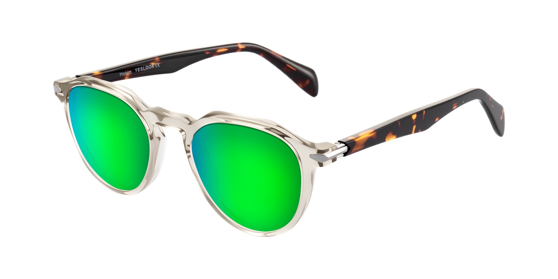 Angle of Hakim in Champagne/Tortoise with Green Mirrored Lenses