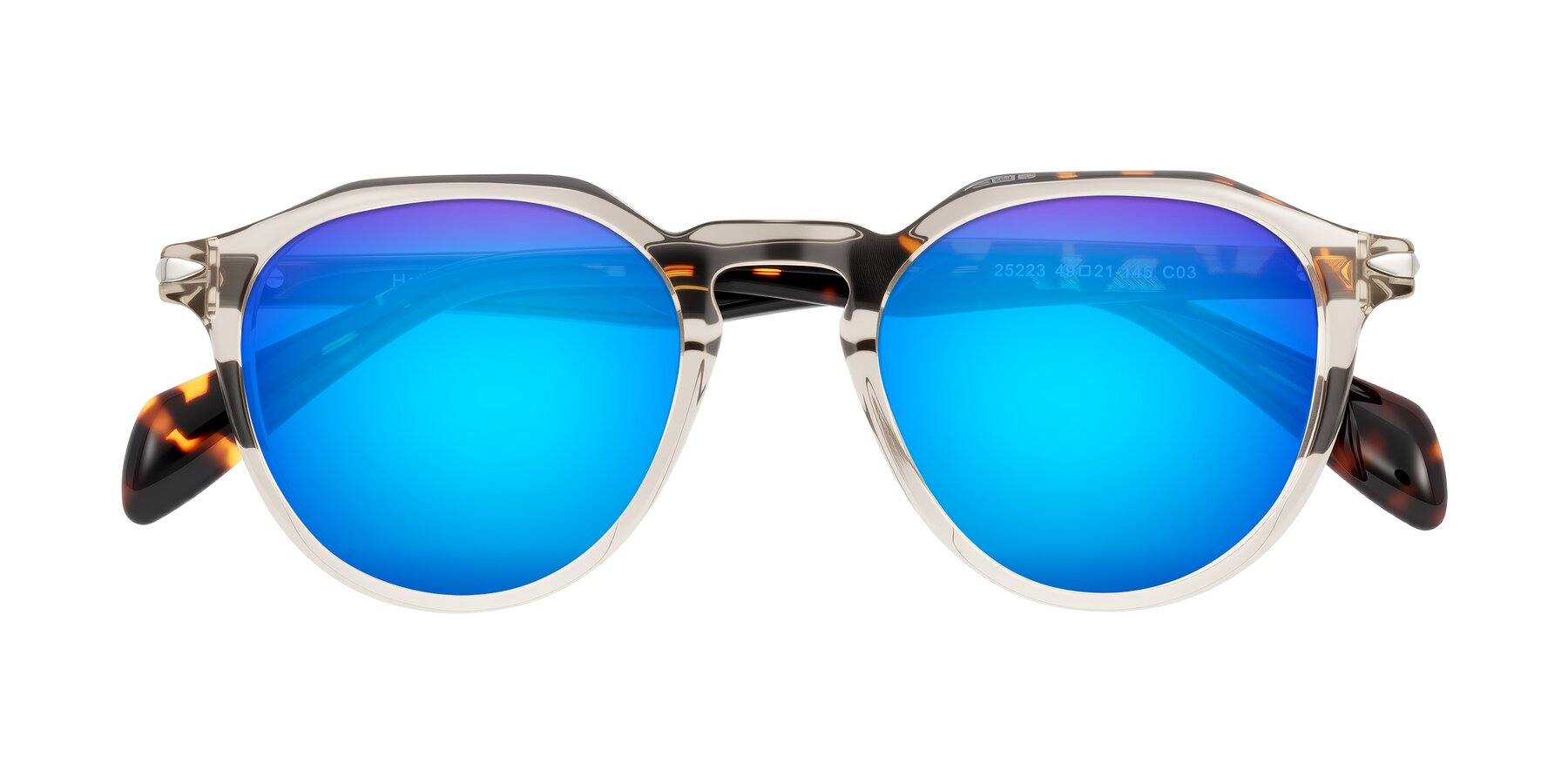 Folded Front of Hakim in Champagne/Tortoise with Blue Mirrored Lenses