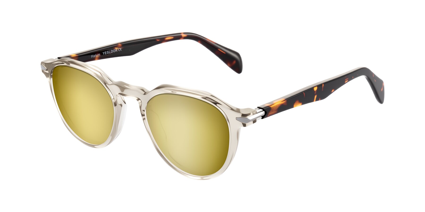 Angle of Hakim in Champagne/Tortoise with Gold Mirrored Lenses