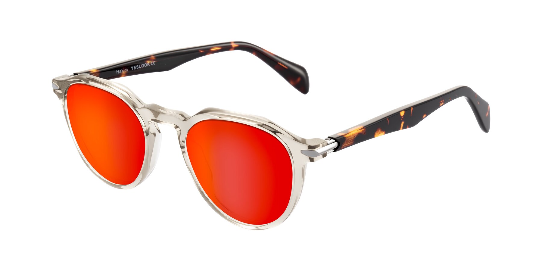 Angle of Hakim in Champagne/Tortoise with Red Gold Mirrored Lenses