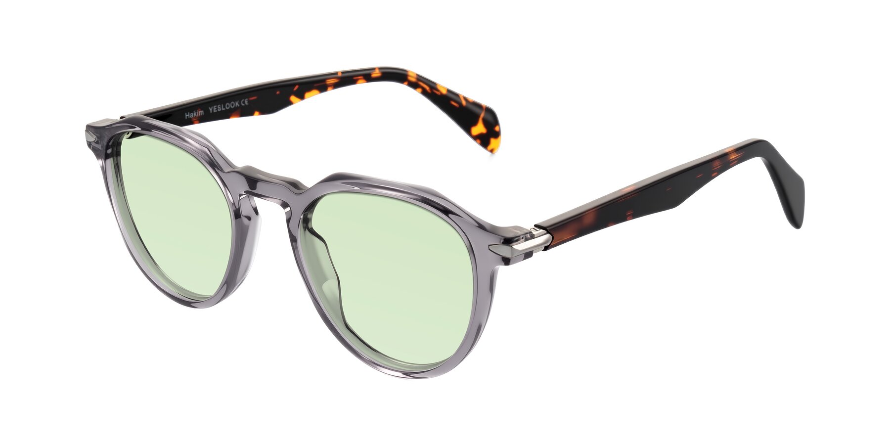 Angle of Hakim in Crystal Gray Blue/Tortoise with Light Green Tinted Lenses