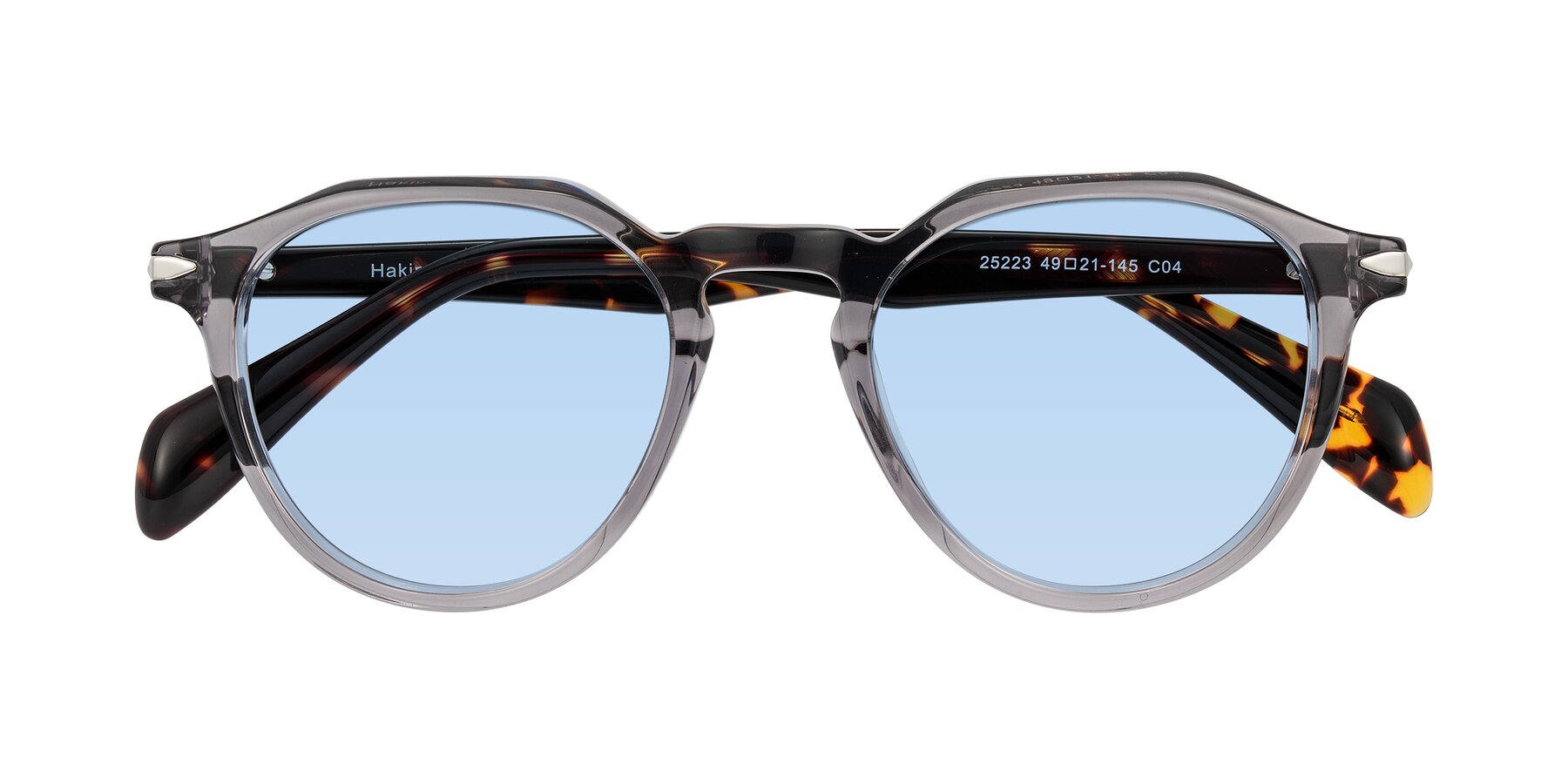 Folded Front of Hakim in Crystal Gray Blue/Tortoise with Light Blue Tinted Lenses
