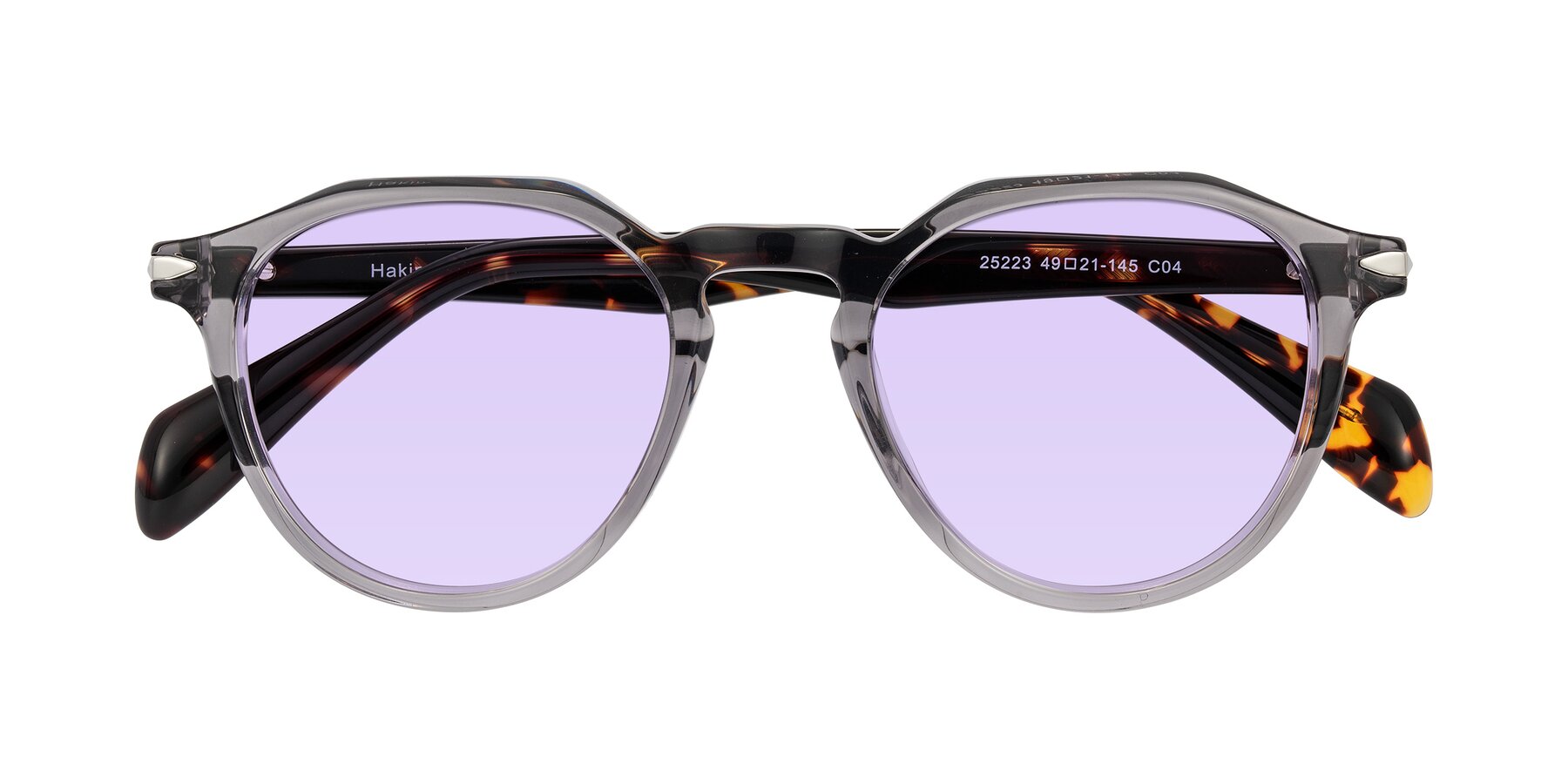 Folded Front of Hakim in Crystal Gray Blue/Tortoise with Light Purple Tinted Lenses