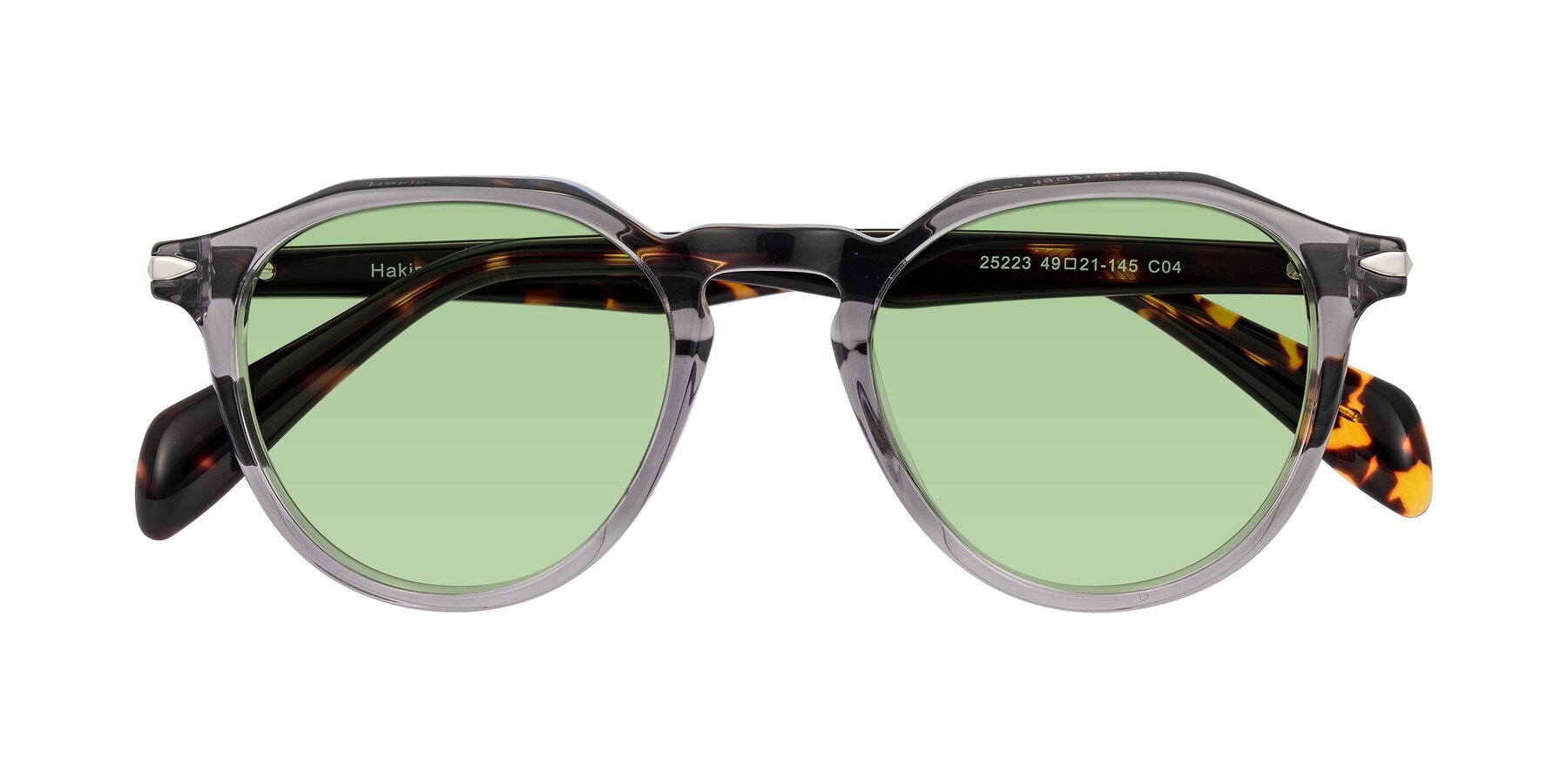 Folded Front of Hakim in Crystal Gray Blue/Tortoise with Medium Green Tinted Lenses