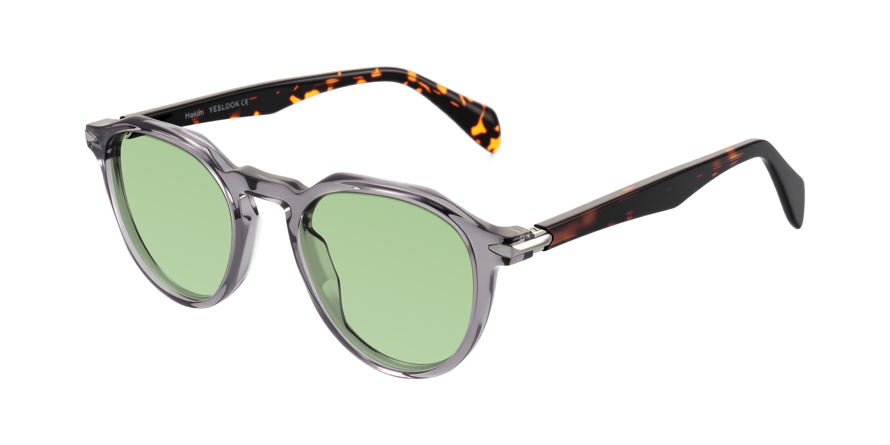 Angle of Hakim in Crystal Gray Blue/Tortoise with Medium Green Tinted Lenses