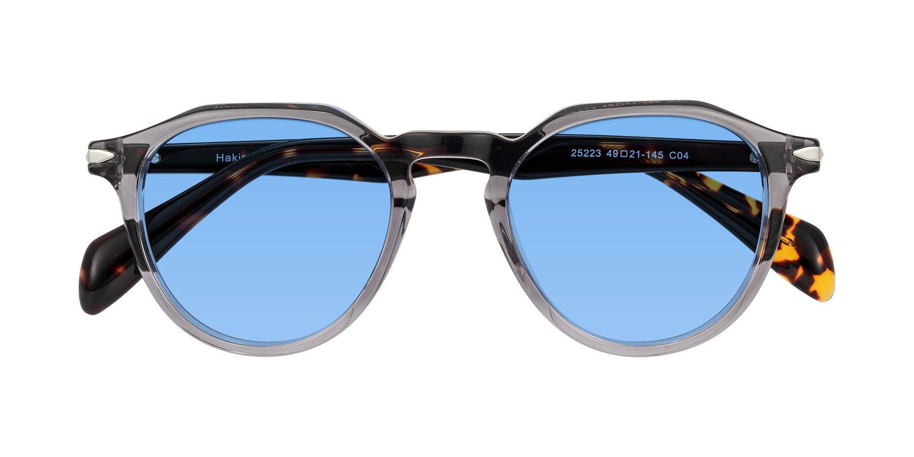 Folded Front of Hakim in Crystal Gray Blue/Tortoise with Medium Blue Tinted Lenses