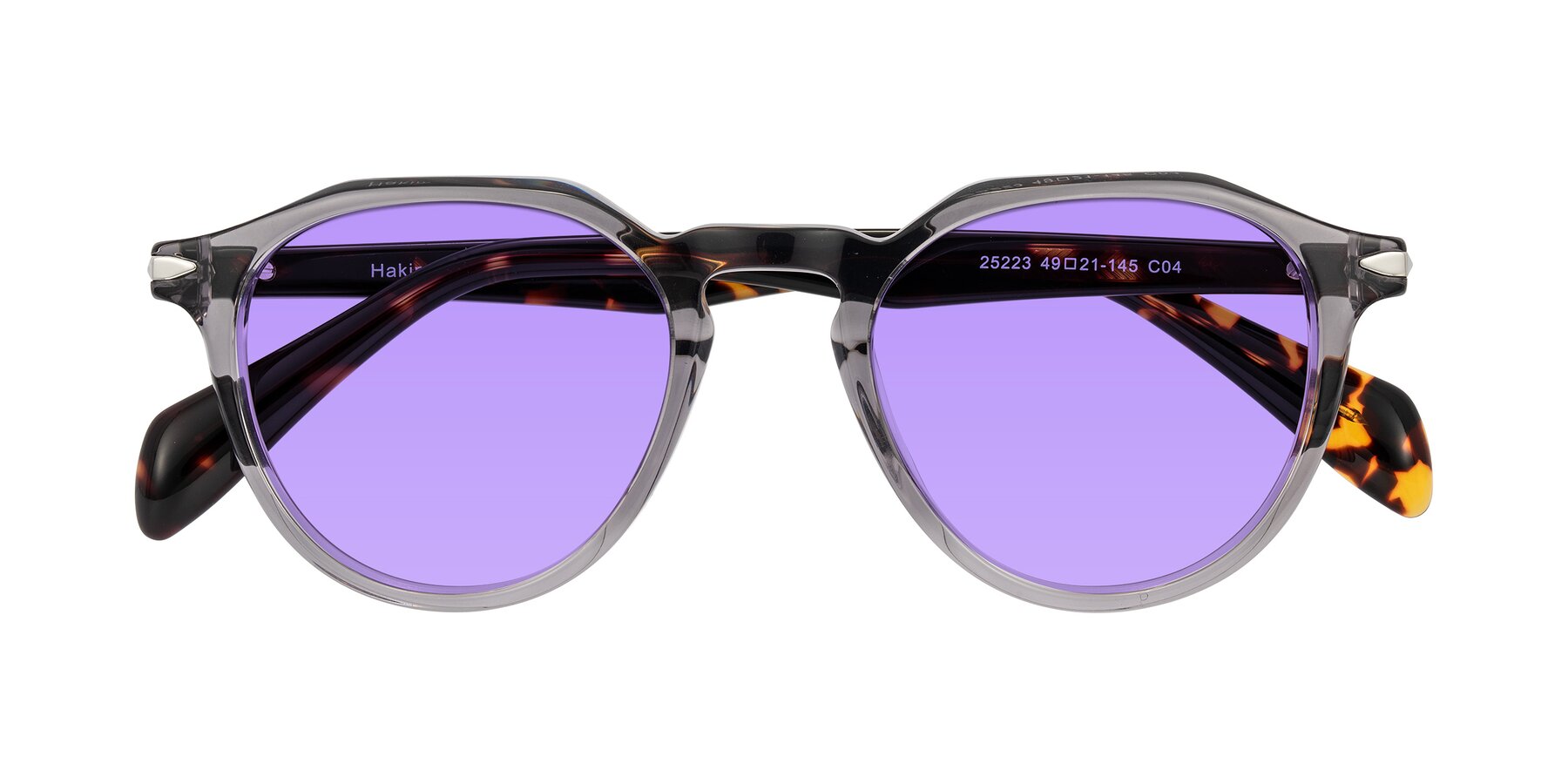 Folded Front of Hakim in Crystal Gray Blue/Tortoise with Medium Purple Tinted Lenses