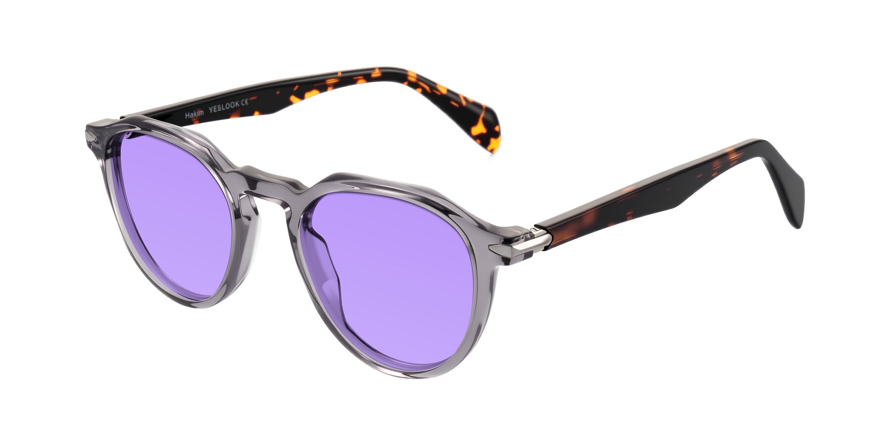 Angle of Hakim in Crystal Gray Blue/Tortoise with Medium Purple Tinted Lenses