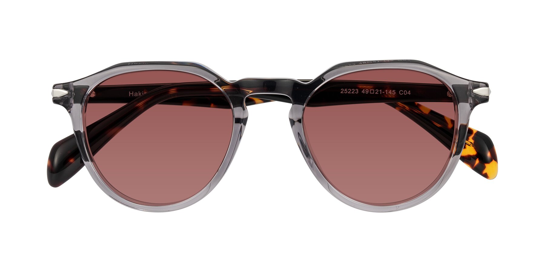 Folded Front of Hakim in Crystal Gray Blue/Tortoise with Garnet Tinted Lenses