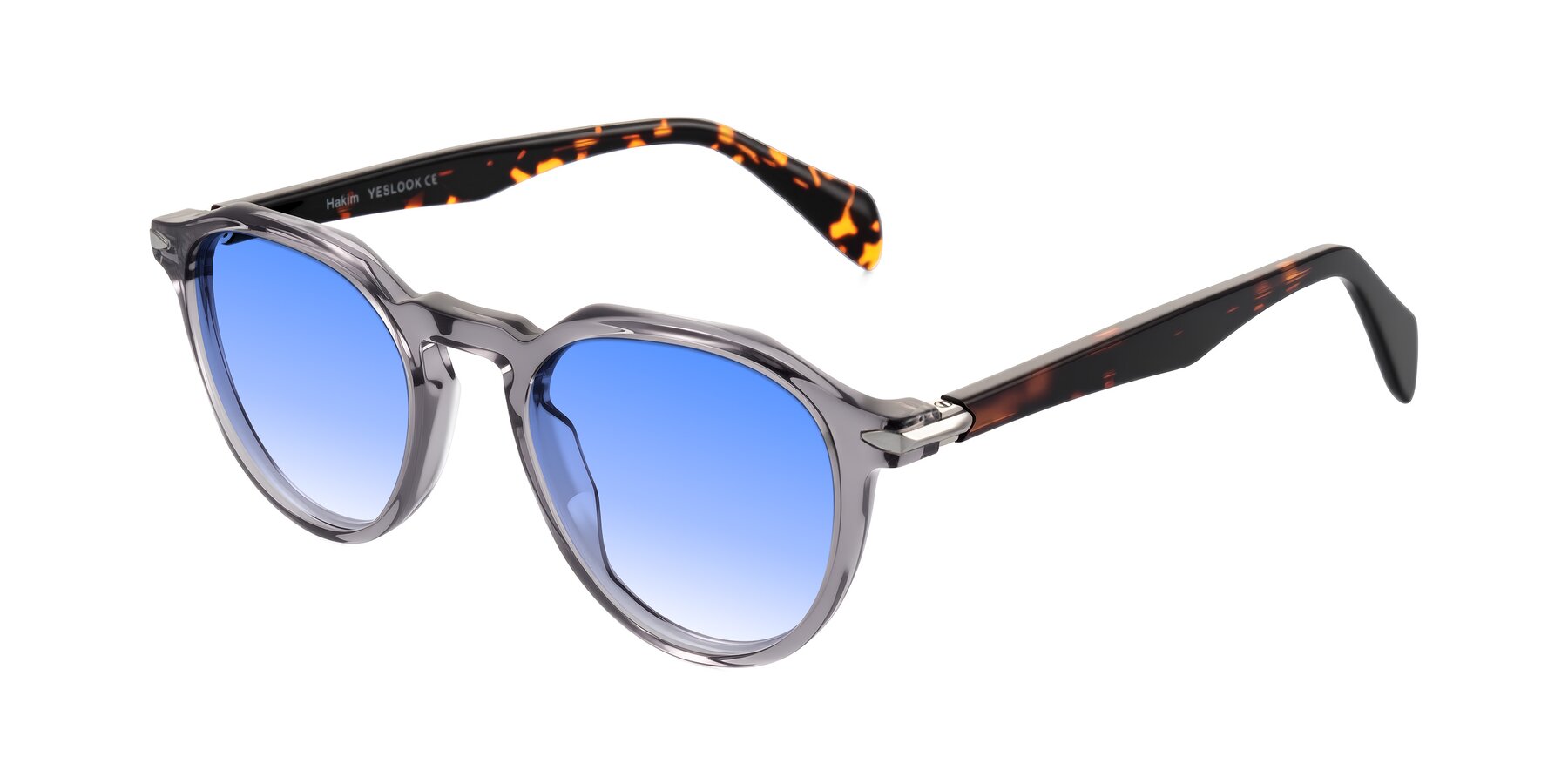 Angle of Hakim in Crystal Gray Blue/Tortoise with Blue Gradient Lenses