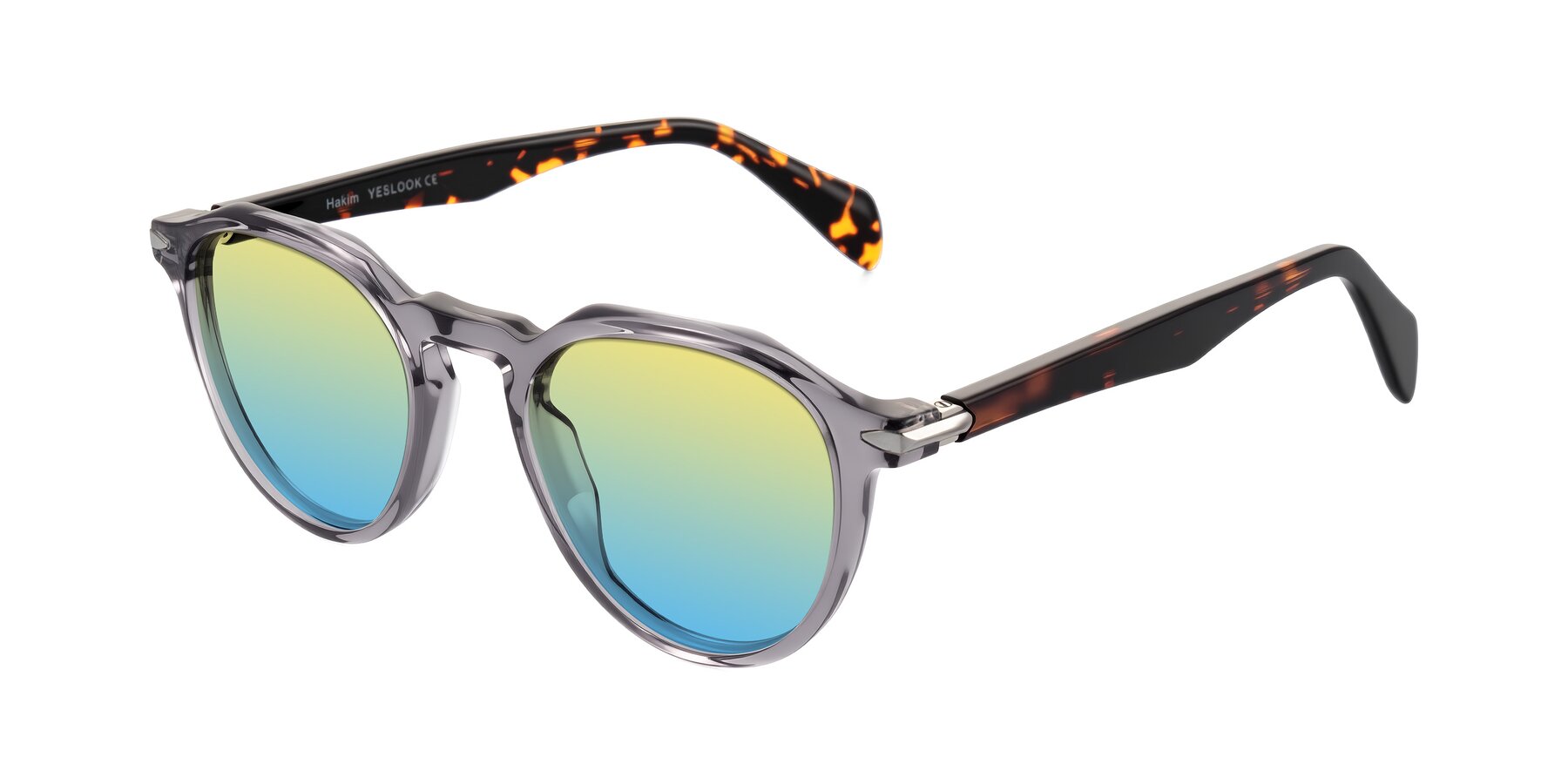 Angle of Hakim in Crystal Gray Blue/Tortoise with Yellow / Blue Gradient Lenses