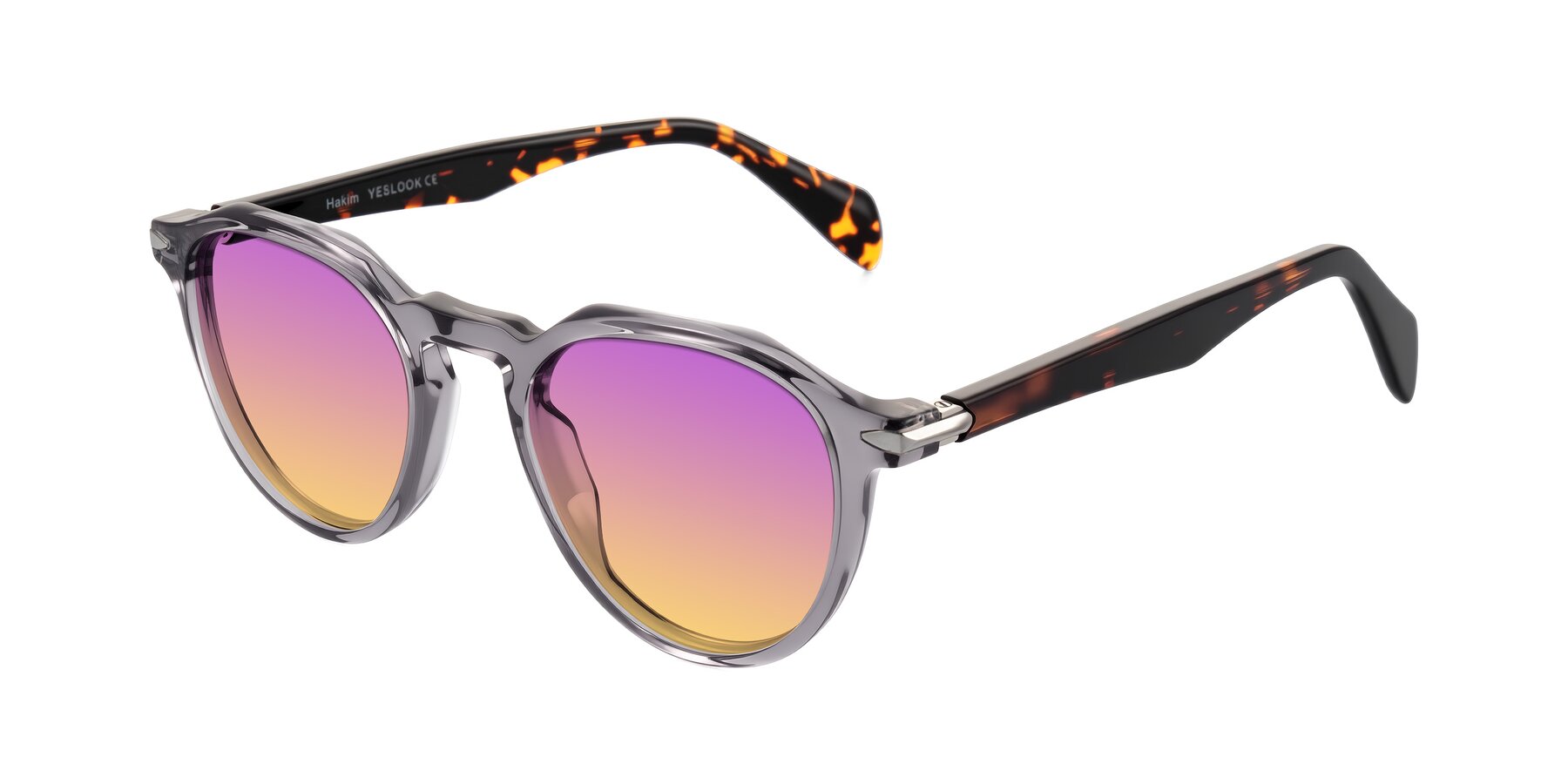 Angle of Hakim in Crystal Gray Blue/Tortoise with Purple / Yellow Gradient Lenses