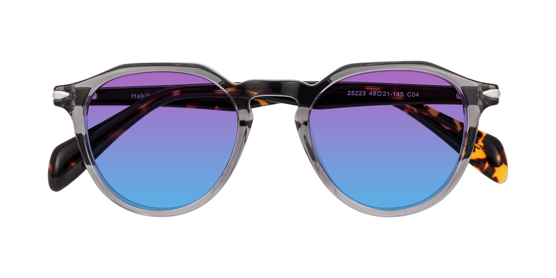 Folded Front of Hakim in Crystal Gray Blue/Tortoise with Purple / Blue Gradient Lenses