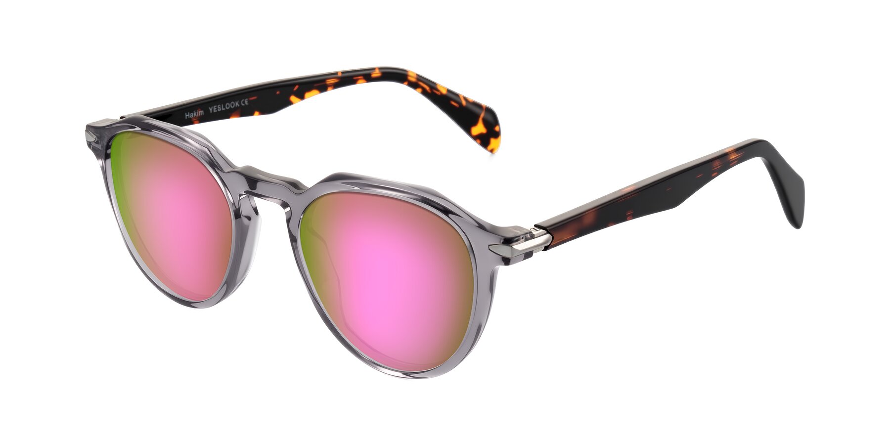 Angle of Hakim in Crystal Gray Blue/Tortoise with Pink Mirrored Lenses