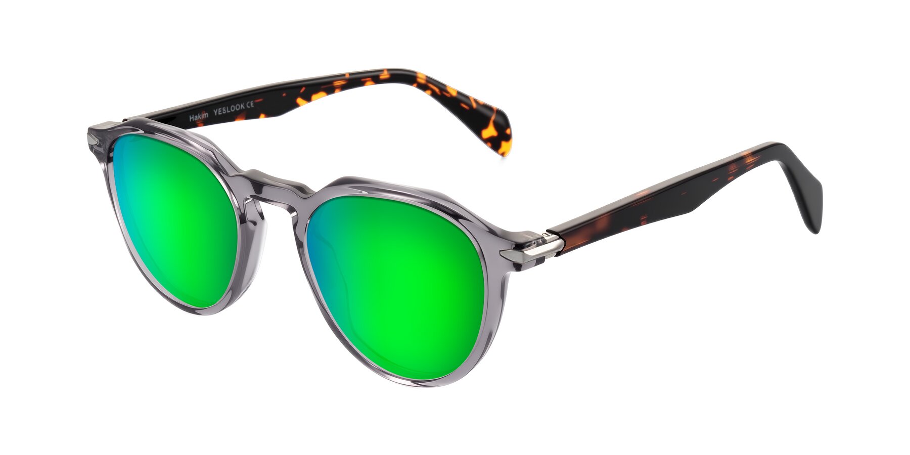 Angle of Hakim in Crystal Gray Blue/Tortoise with Green Mirrored Lenses