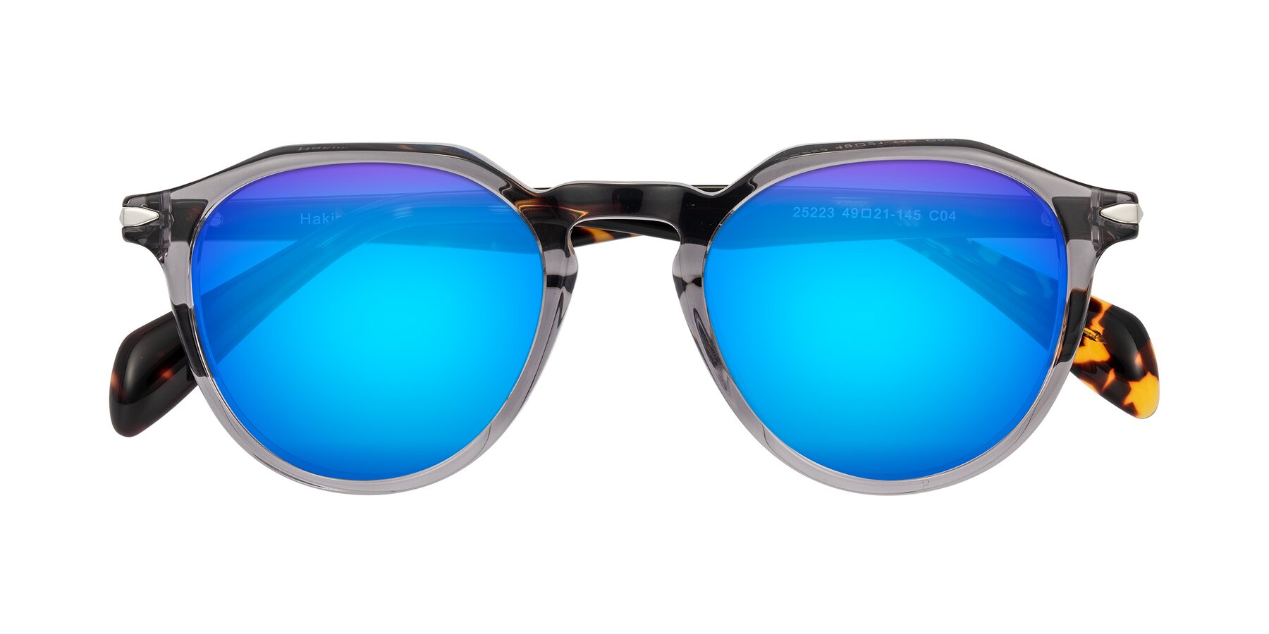 Folded Front of Hakim in Crystal Gray Blue/Tortoise with Blue Mirrored Lenses