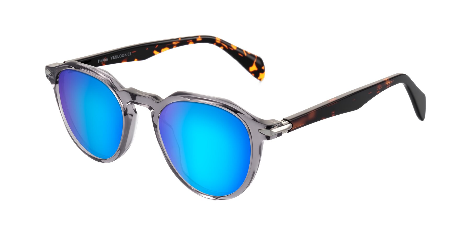 Angle of Hakim in Crystal Gray Blue/Tortoise with Blue Mirrored Lenses