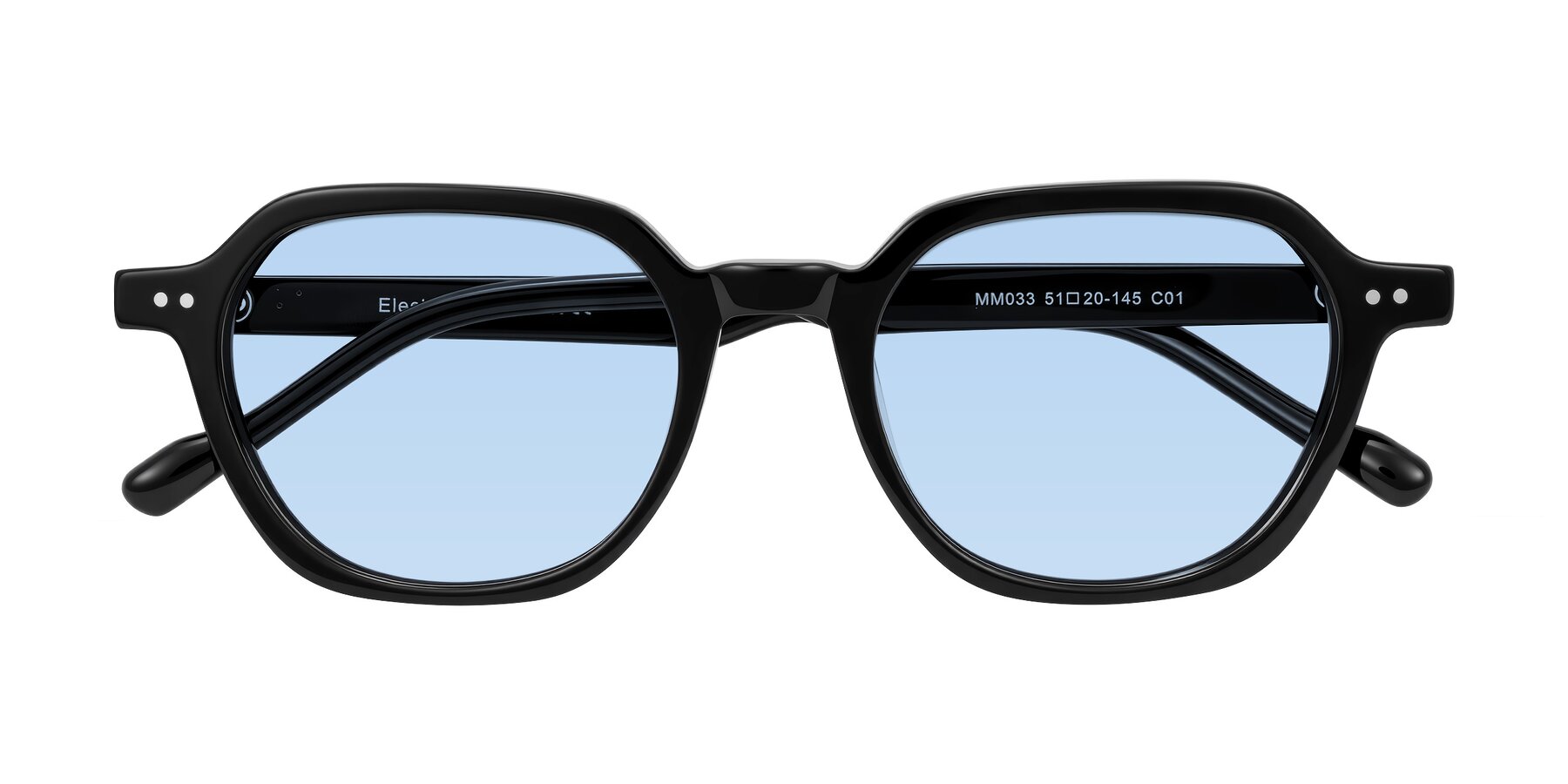 Folded Front of Electra in Black with Light Blue Tinted Lenses