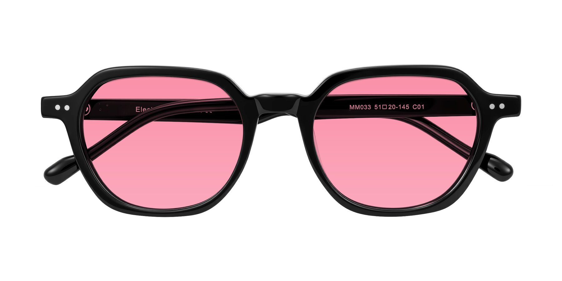 Folded Front of Electra in Black with Pink Tinted Lenses