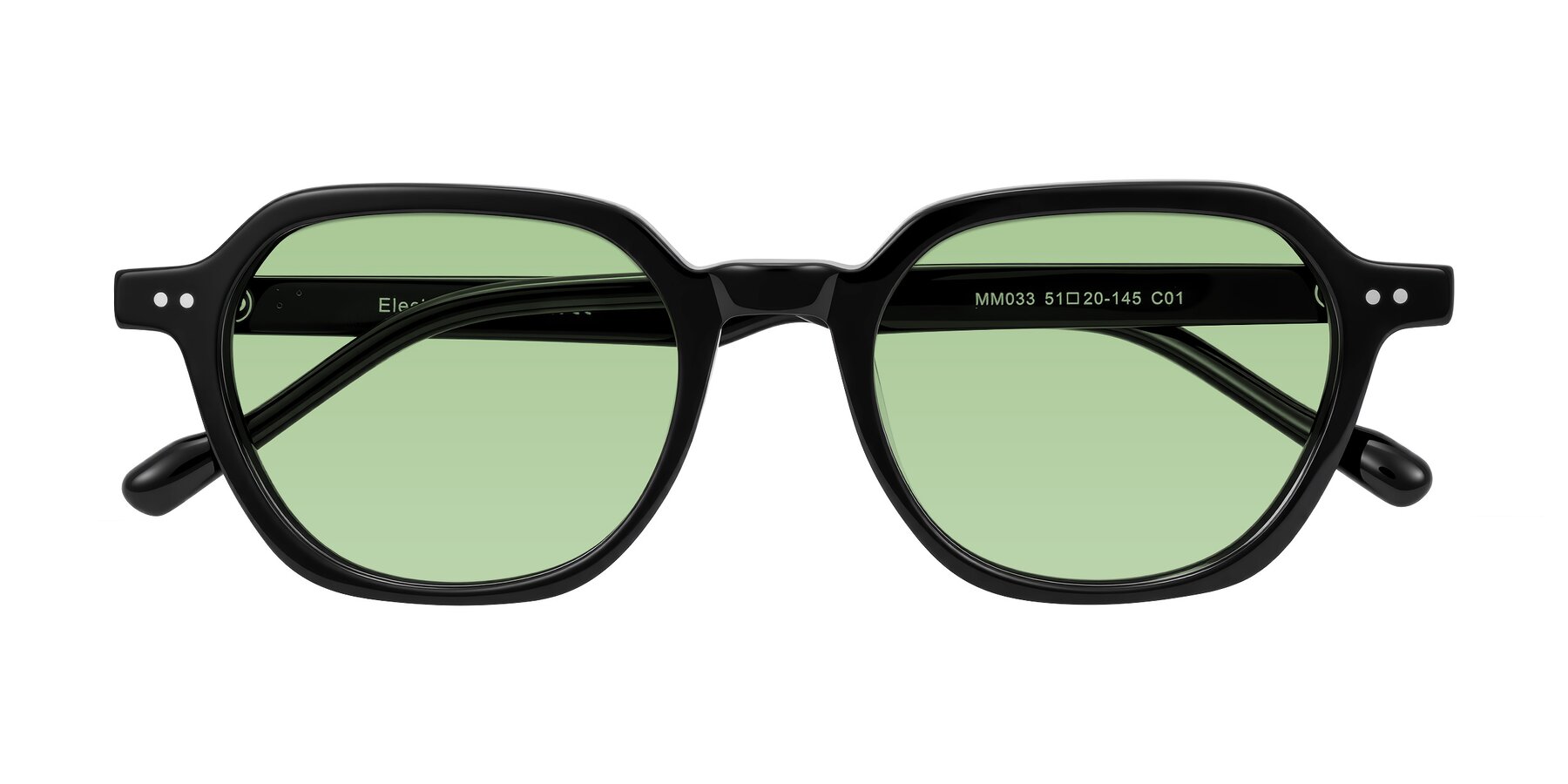 Folded Front of Electra in Black with Medium Green Tinted Lenses