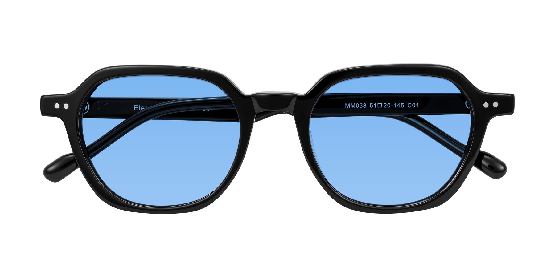 Folded Front of Electra in Black with Medium Blue Tinted Lenses