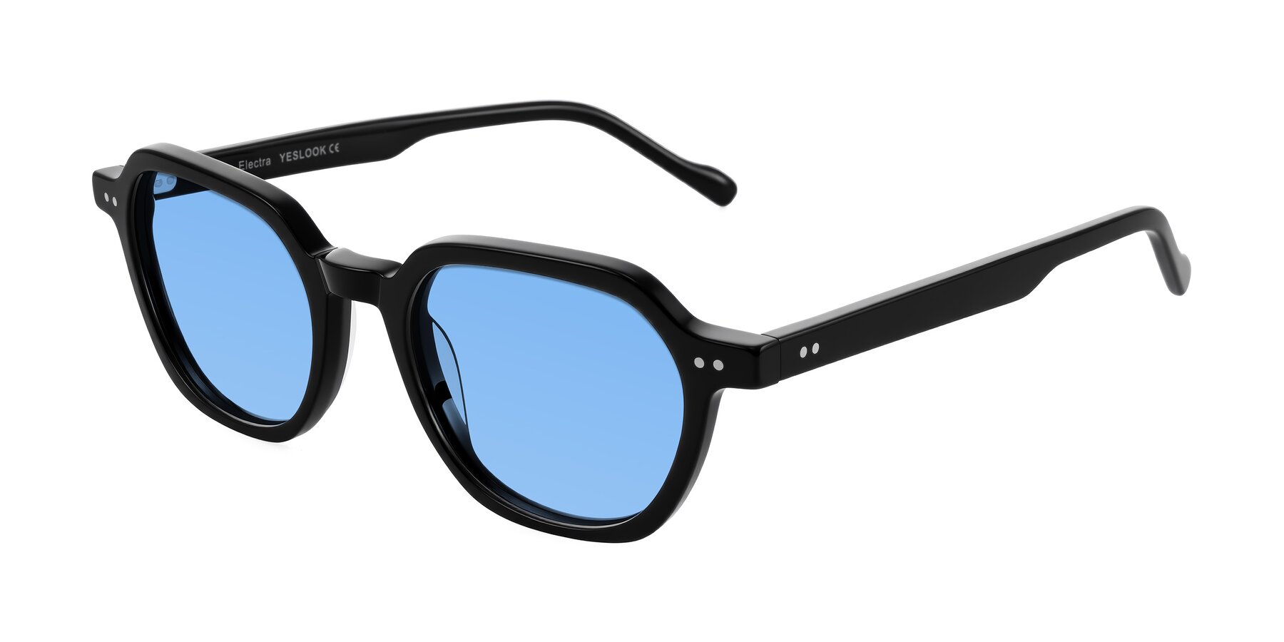 Angle of Electra in Black with Medium Blue Tinted Lenses