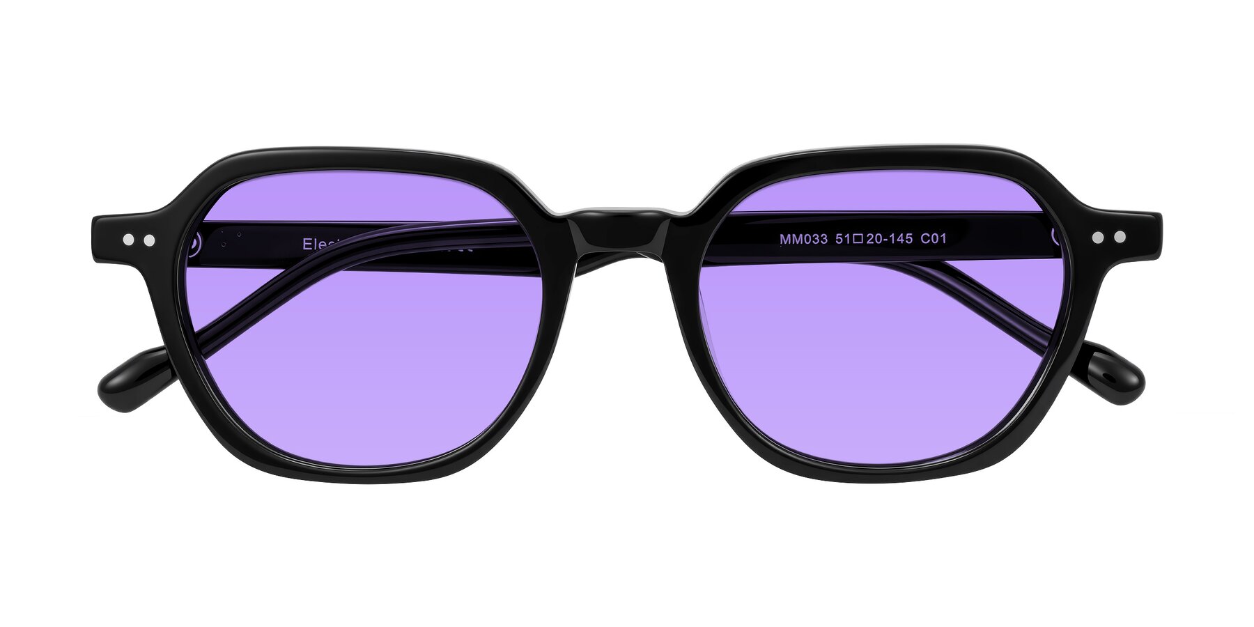 Folded Front of Electra in Black with Medium Purple Tinted Lenses