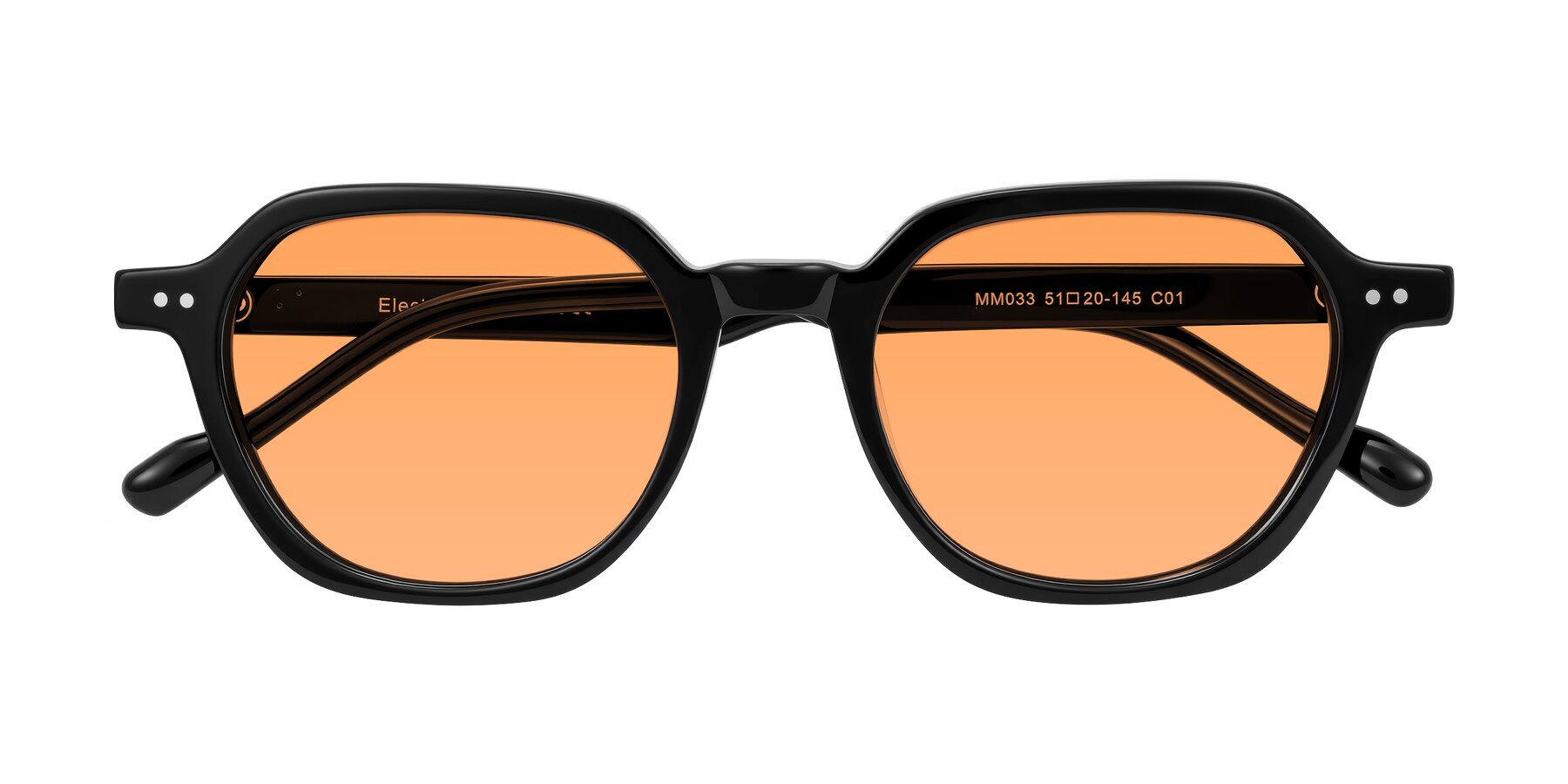 Folded Front of Electra in Black with Medium Orange Tinted Lenses