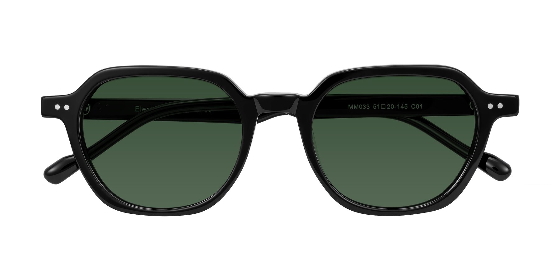 Folded Front of Electra in Black with Green Tinted Lenses