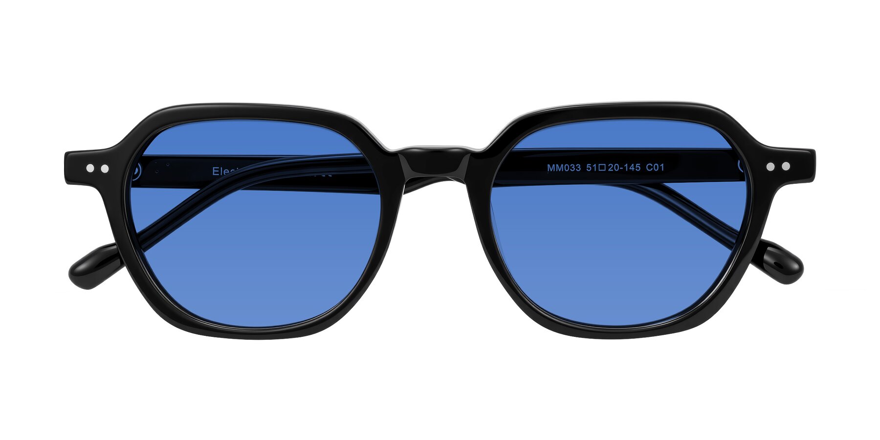 Folded Front of Electra in Black with Blue Tinted Lenses