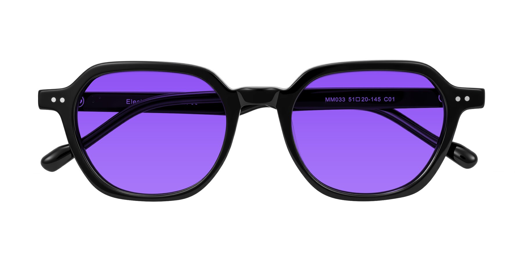 Folded Front of Electra in Black with Purple Tinted Lenses
