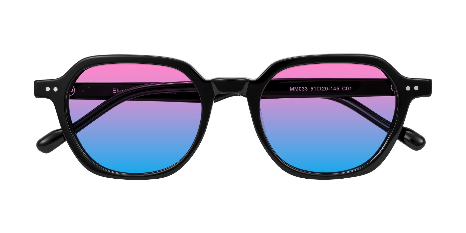 Folded Front of Electra in Black with Pink / Blue Gradient Lenses