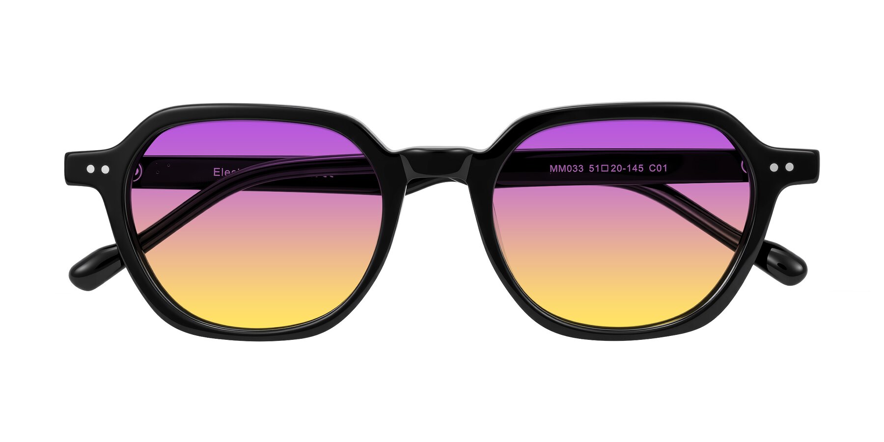 Folded Front of Electra in Black with Purple / Yellow Gradient Lenses