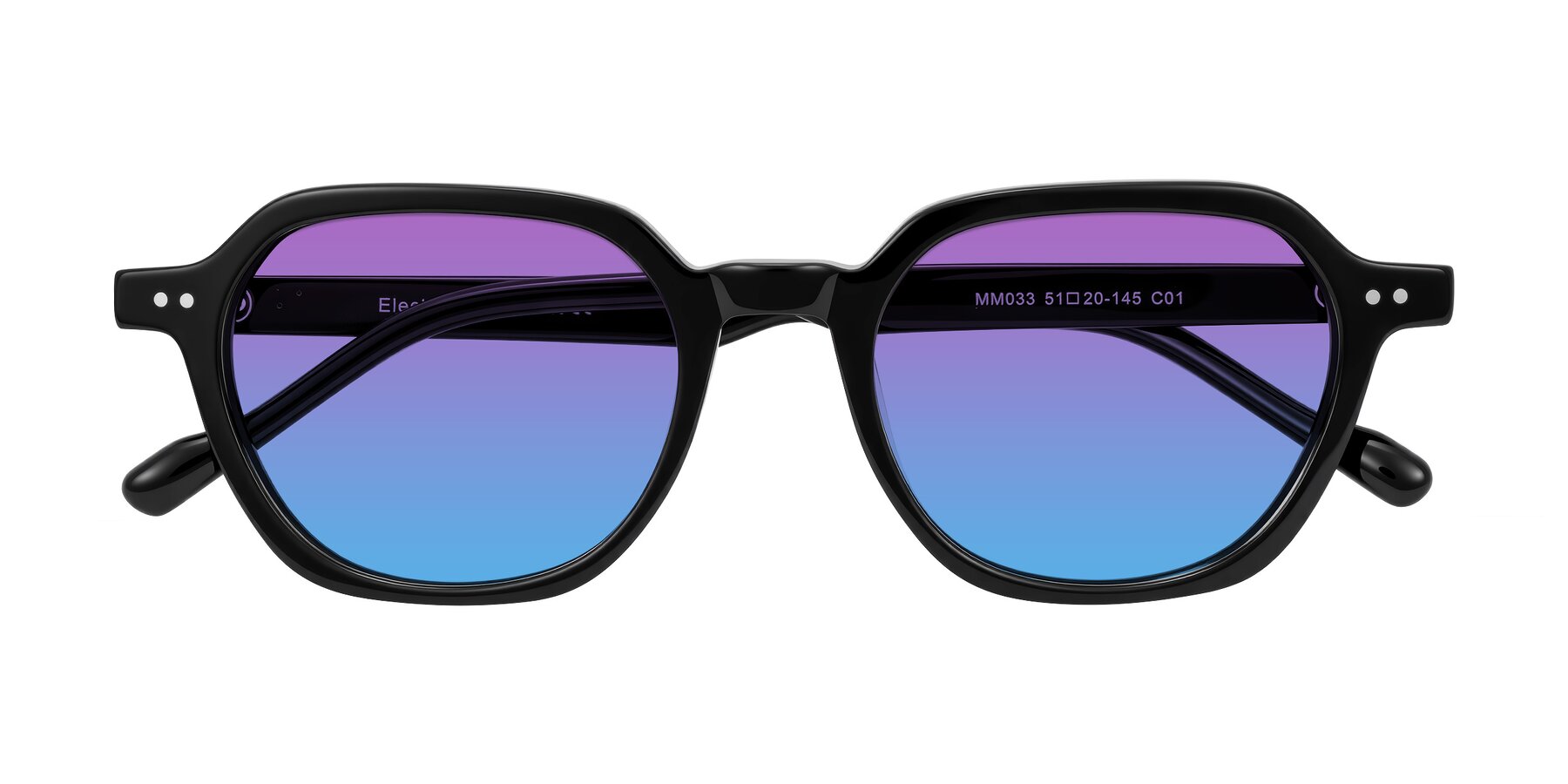 Folded Front of Electra in Black with Purple / Blue Gradient Lenses