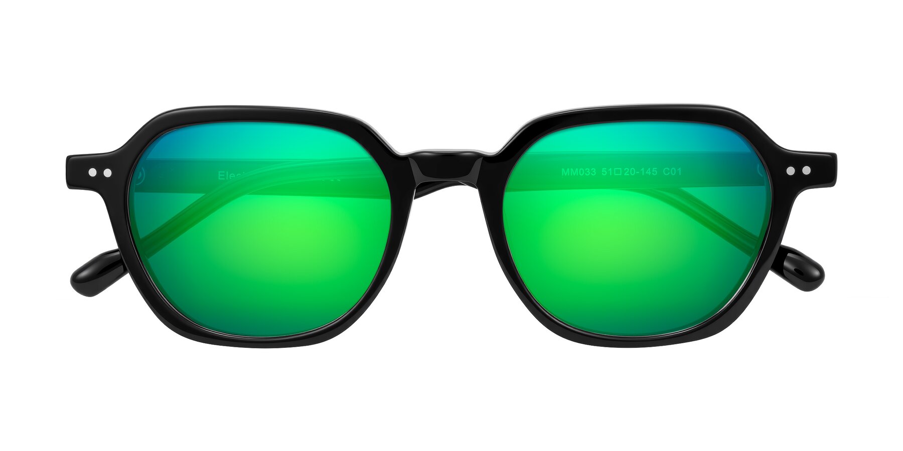 Folded Front of Electra in Black with Green Mirrored Lenses