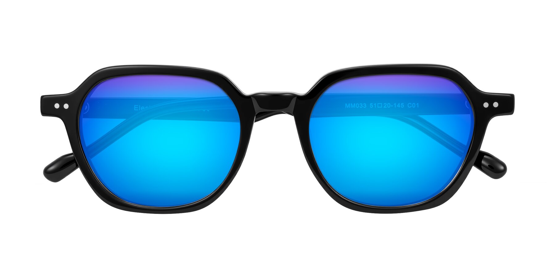 Folded Front of Electra in Black with Blue Mirrored Lenses