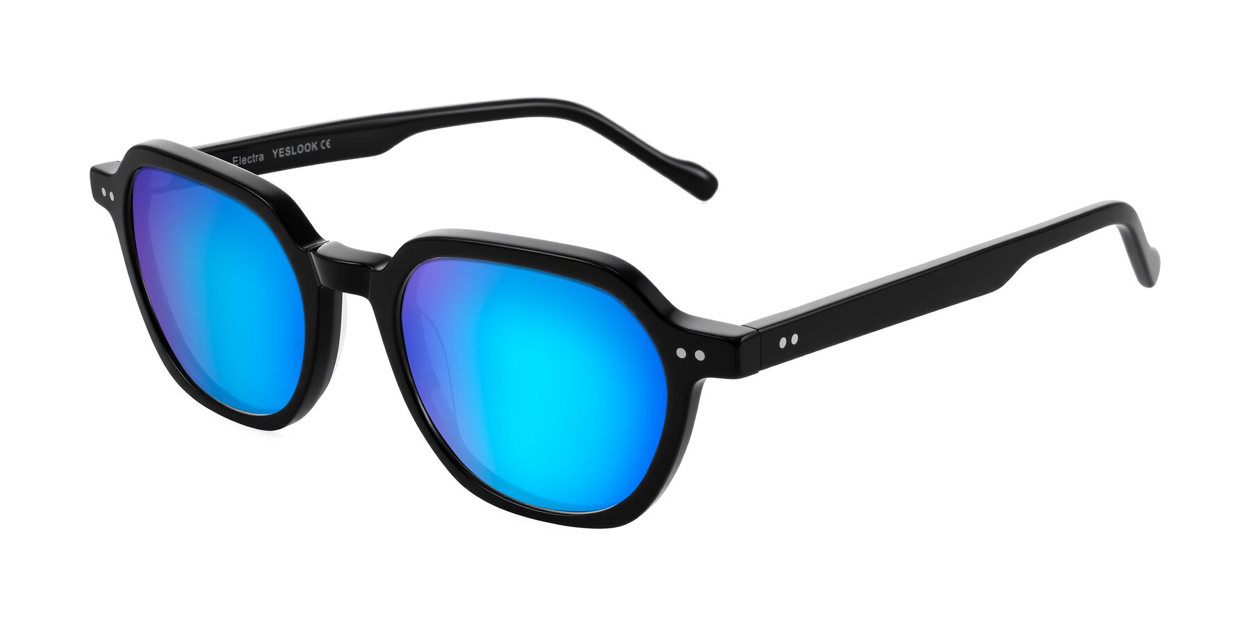 Angle of Electra in Black with Blue Mirrored Lenses