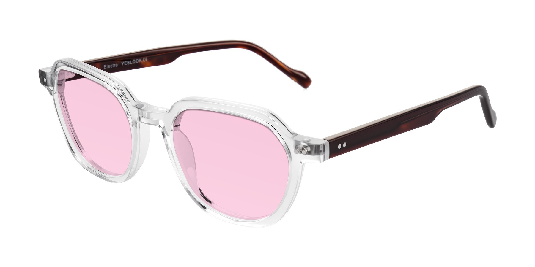 Angle of Electra in Clear/Tortoise with Light Pink Tinted Lenses