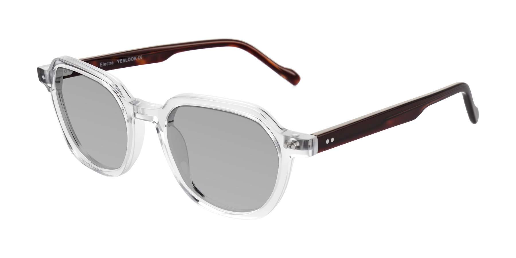 Angle of Electra in Clear/Tortoise with Light Gray Tinted Lenses