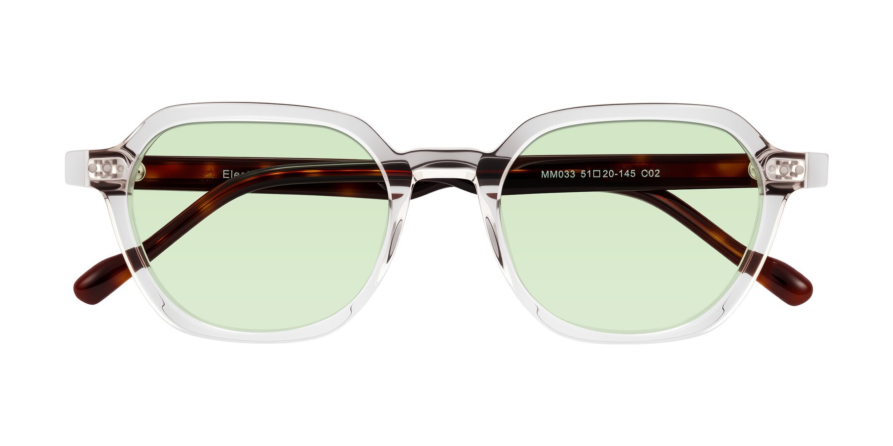 Folded Front of Electra in Clear/Tortoise with Light Green Tinted Lenses