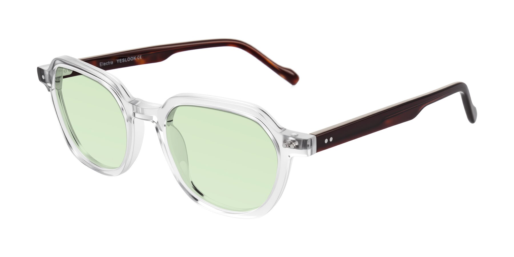 Angle of Electra in Clear/Tortoise with Light Green Tinted Lenses