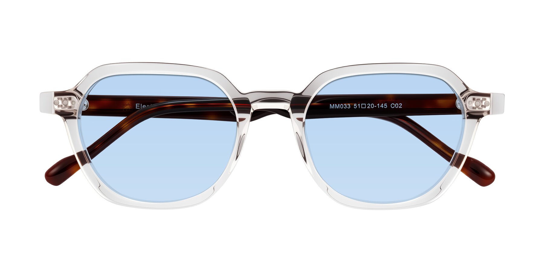 Folded Front of Electra in Clear/Tortoise with Light Blue Tinted Lenses