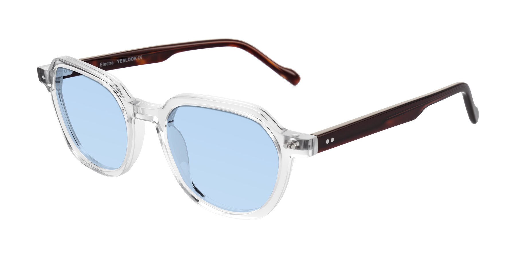 Angle of Electra in Clear/Tortoise with Light Blue Tinted Lenses