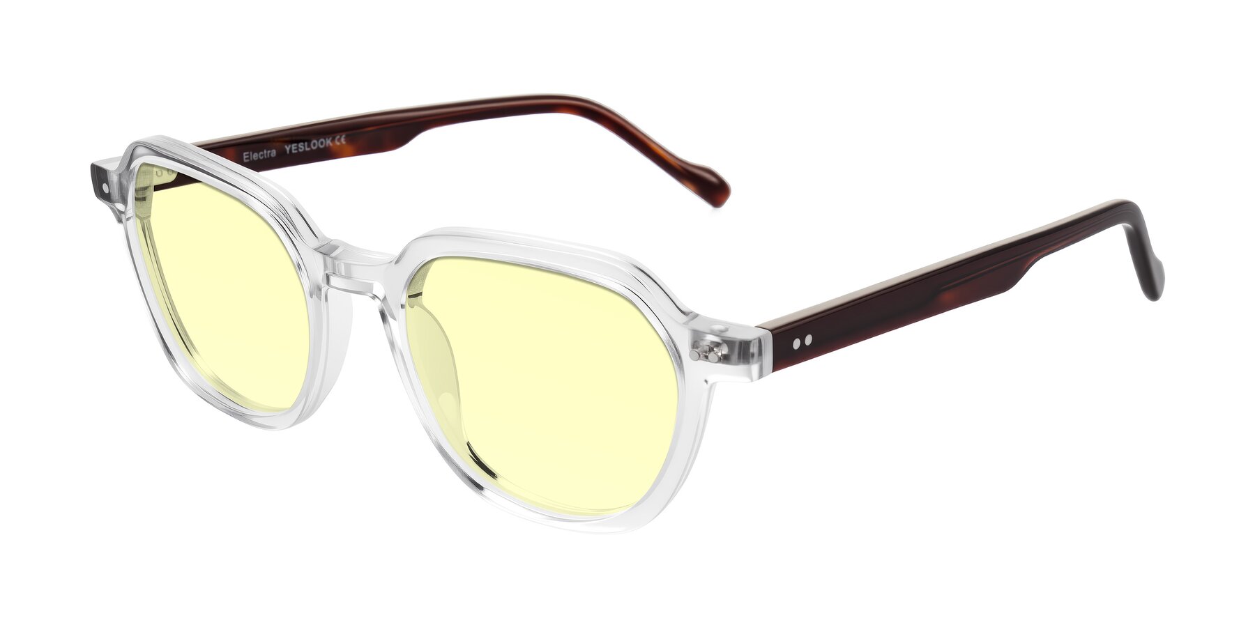 Angle of Electra in Clear/Tortoise with Light Yellow Tinted Lenses